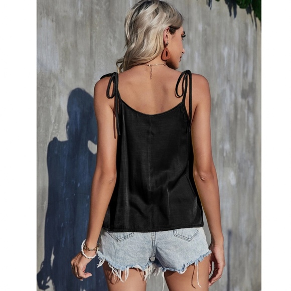 Black Cami Top Shoulder Ties, Draped Cowl Neckline Decollete Relaxed Fit - Picture 3 of 8